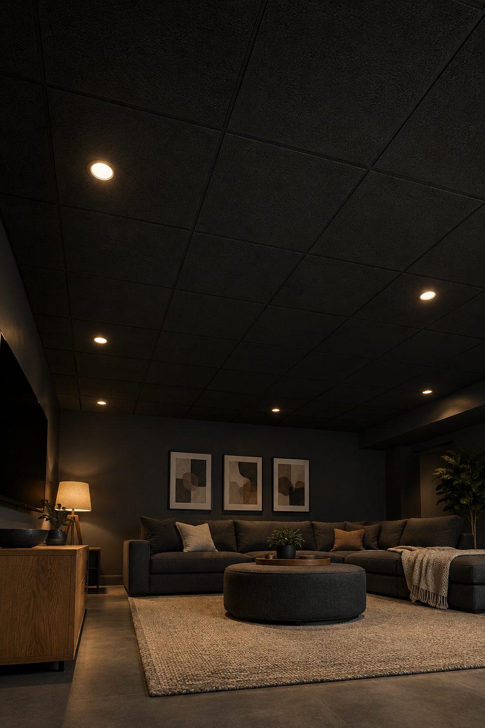 Basement media room with a matte black painted drop ceiling, black grid, recessed lights, charcoal sectional and oak console