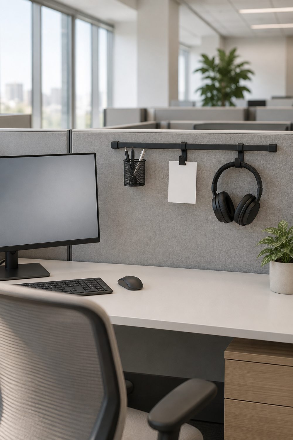 Matte black metal rail on a grey cubicle wall holding a wire basket, a clipped white card and headphones above a white desk