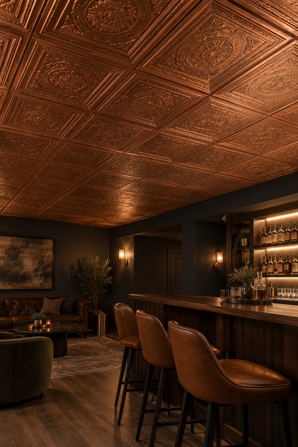 Basement home bar with metallic copper painted pressed pattern ceiling tiles, charcoal walls, walnut bar and leather stools