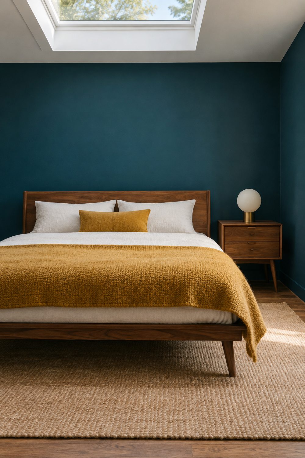 Mid century bedroom with deep teal walls, low walnut bed with tapered legs, ochre wool blanket, globe lamp, tan rug