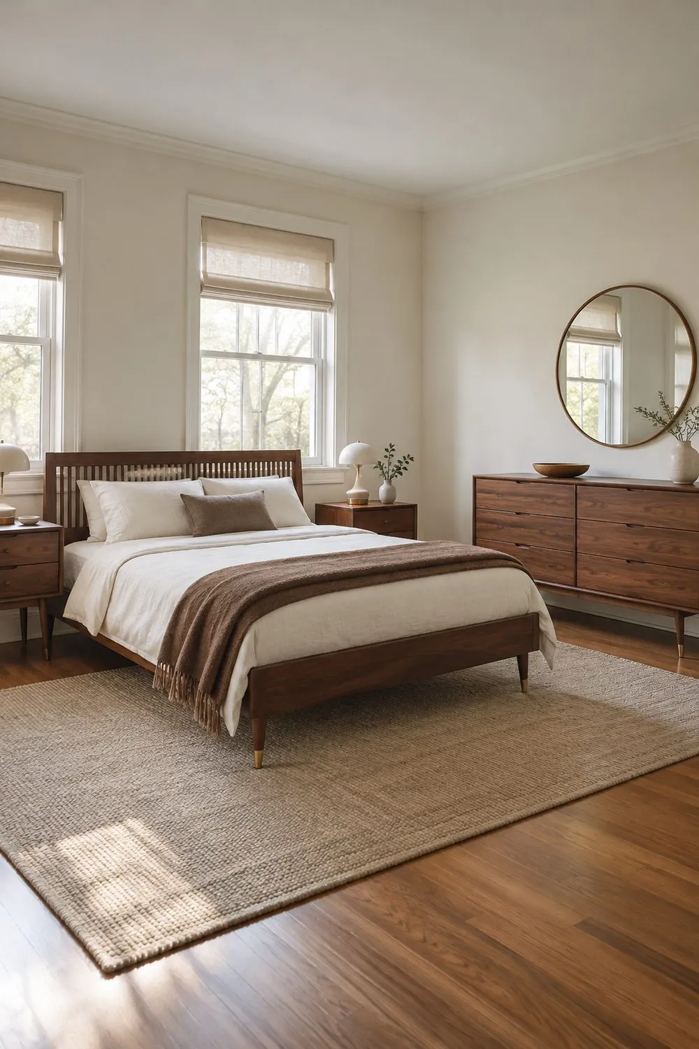 Bedroom with a mid century walnut furniture set including a slatted bed, tapered leg nightstands and a long dresser