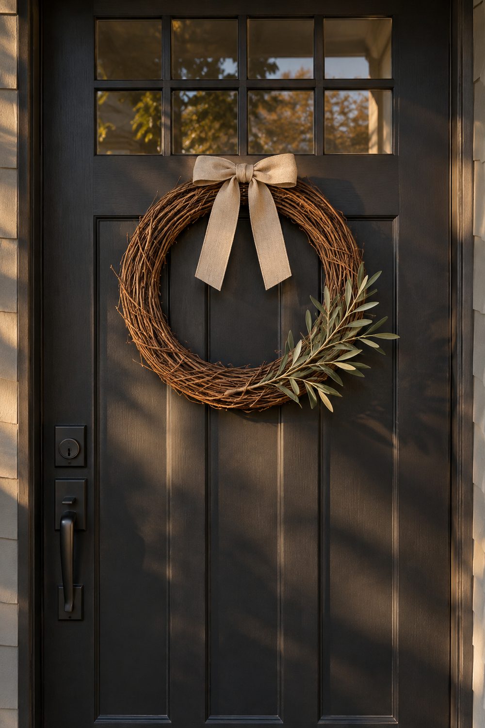 Minimal grapevine wreath with one natural linen bow and a single olive branch on a matte black front door
