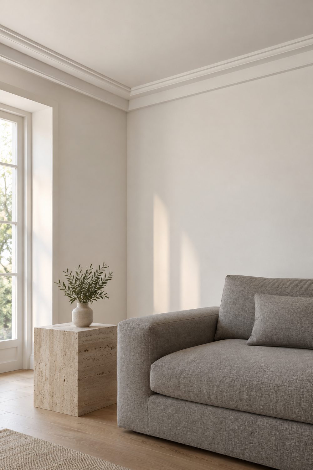 Modern living room with soft white walls, a slim flat profile minimalist crown molding, gray sofa, travertine side table and pale oak floor
