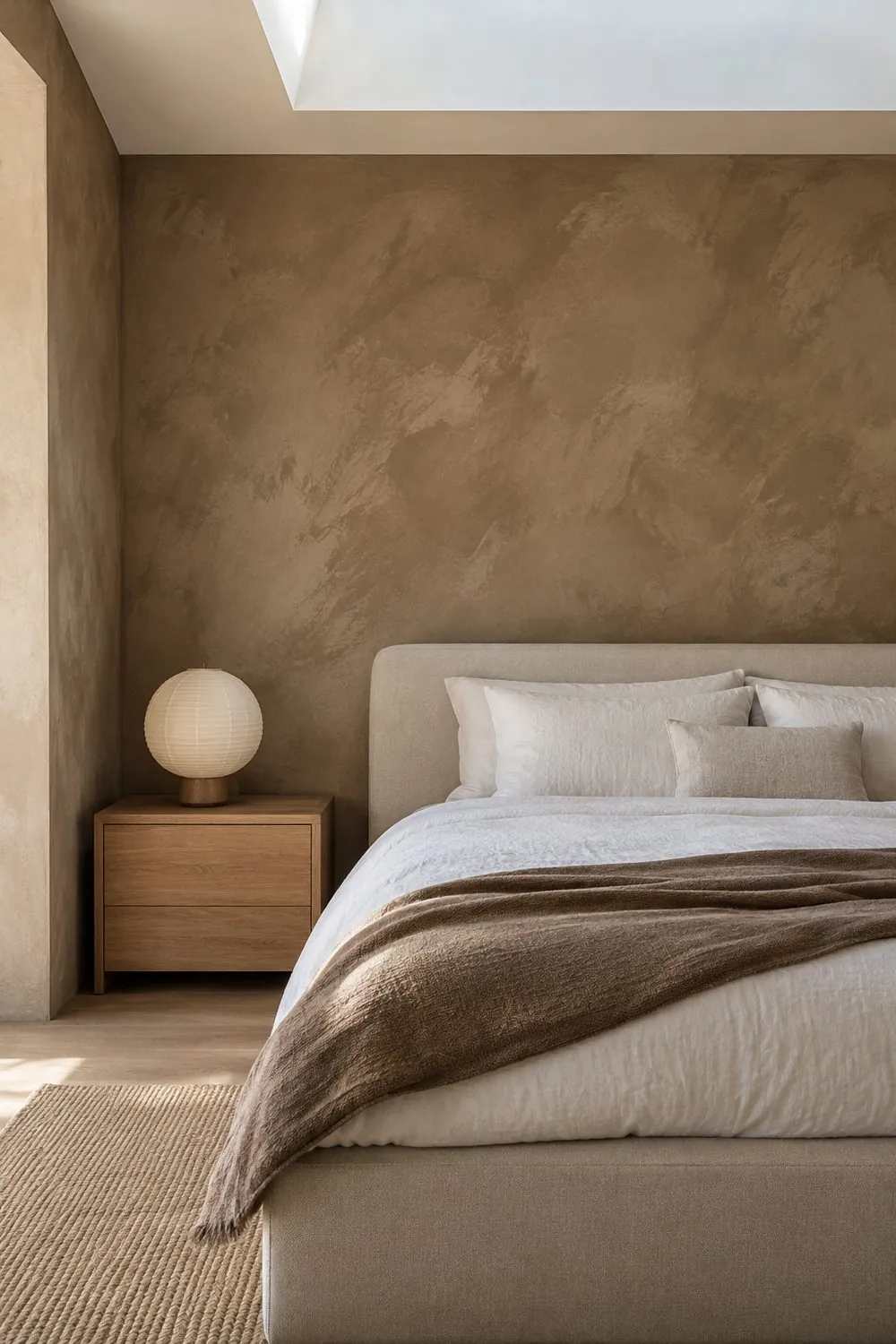 Bedroom with mocha brown limewash walls with soft brush texture behind a linen bed with white bedding and an oak nightstand
