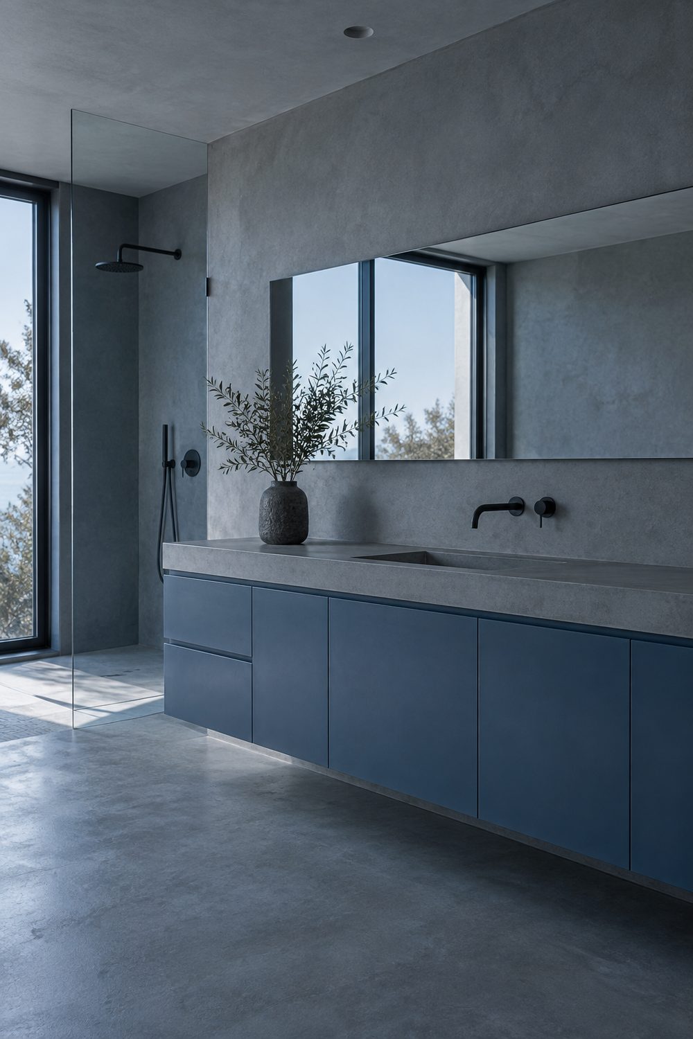 Modern bathroom with matte blue flat-panel vanity cabinets, a grey concrete countertop and microcement walls