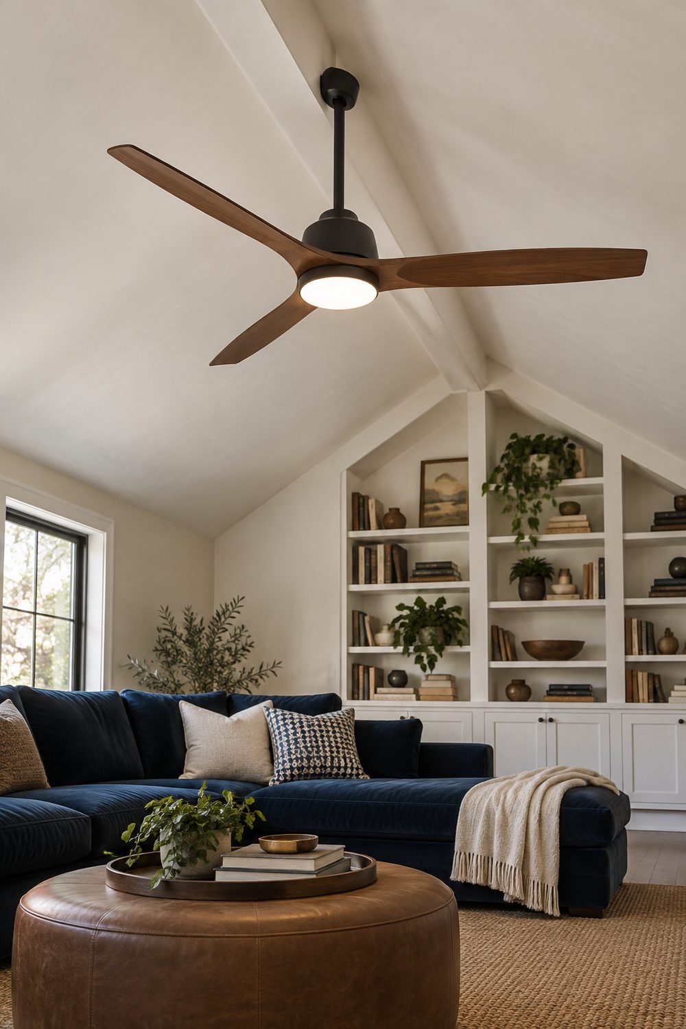 Modern three-blade walnut ceiling fan with integrated LED light mounted on a sloped white vaulted ceiling above a navy sectional
