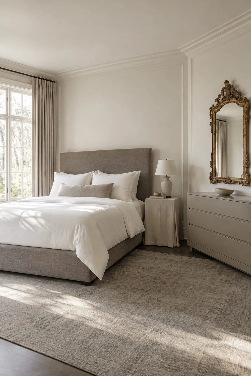 Modern traditional bedroom with a tailored grey upholstered bed, skirted nightstand and a carved gilt mirror over a dresser