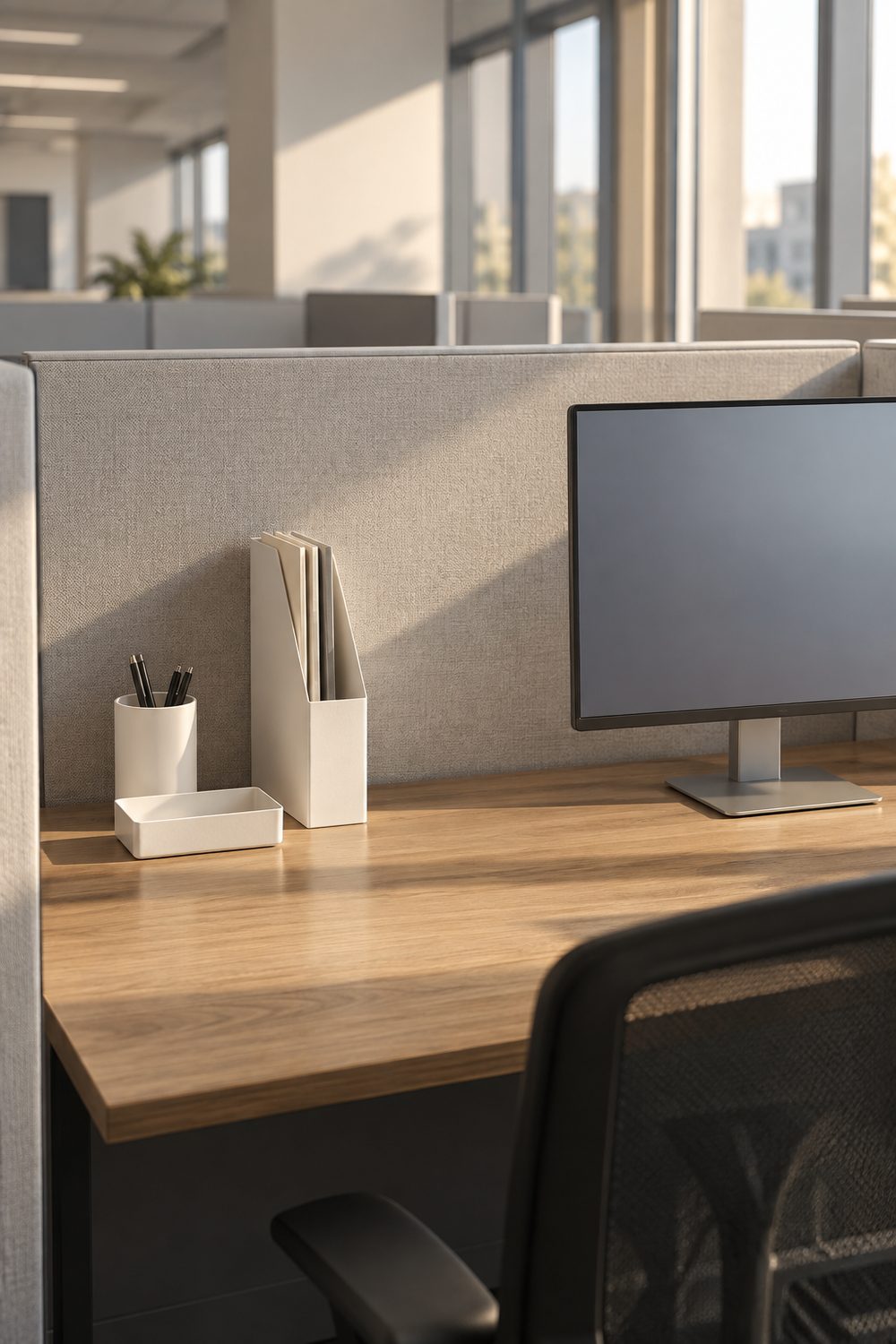 Matte white pen cup, tray and file holder grouped on an oak desk inside an office cubicle with pale grey fabric walls