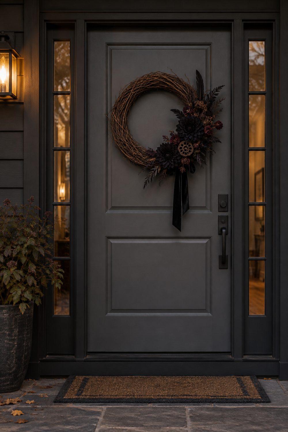 Grapevine wreath with matte black dahlias, dark feathers and burgundy accents on a smoky gray door at dusk