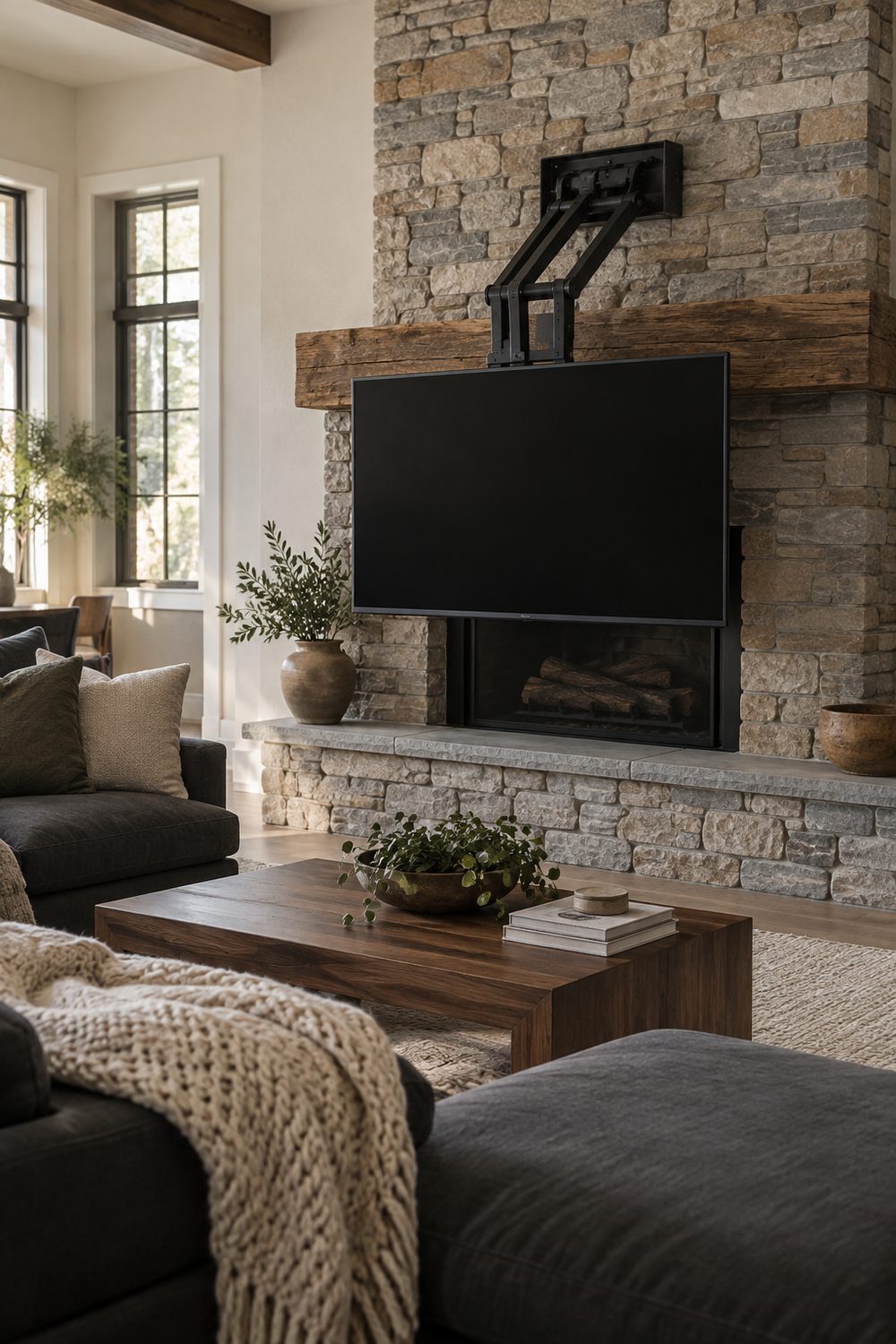 Stacked stone fireplace with a TV lowered on black pull-down mount arms to eye level in front of a wood beam mantel