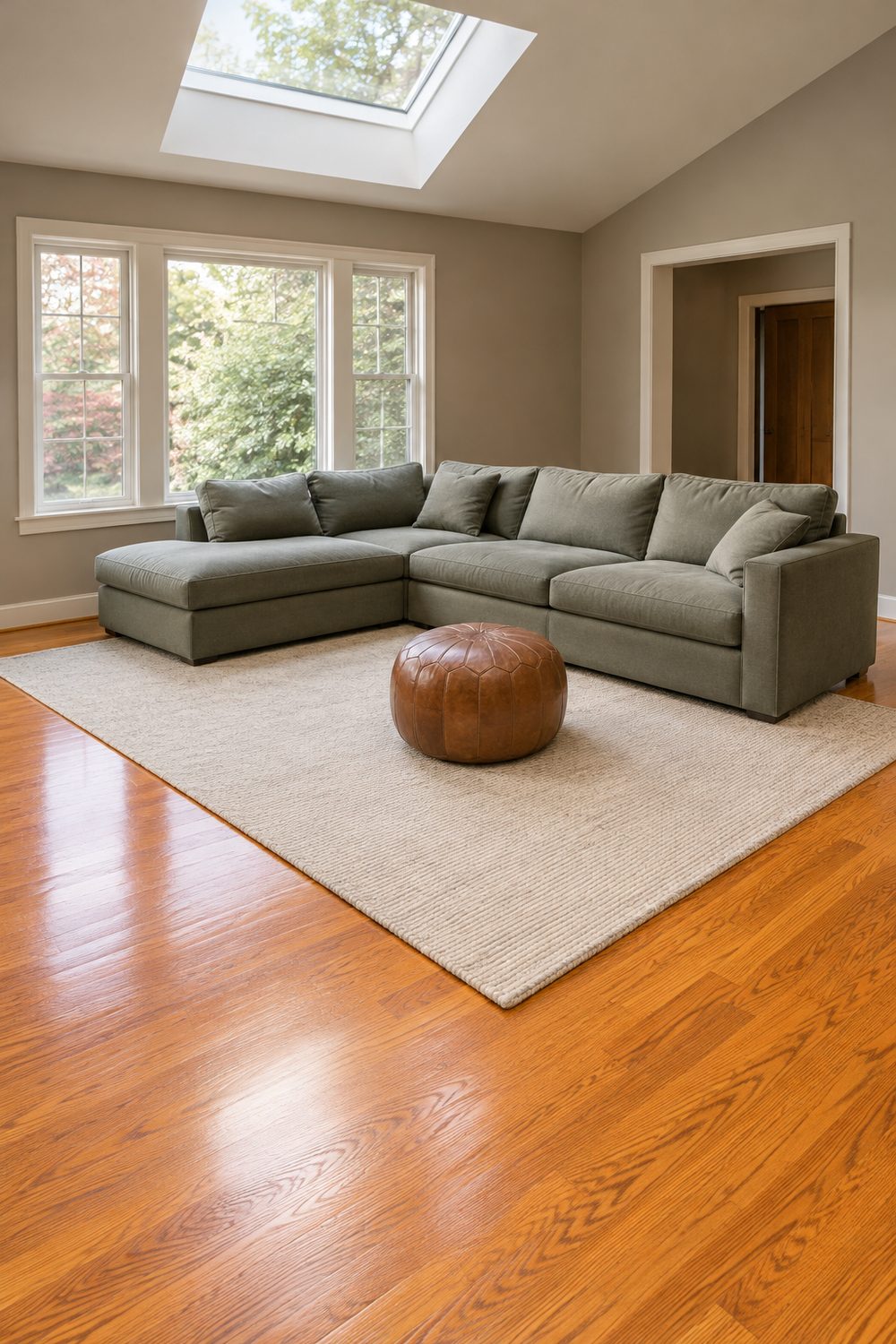 Family room with orange oak hardwood floors, soft mushroom taupe walls, a gray green sectional on a cream rug and a leather pouf