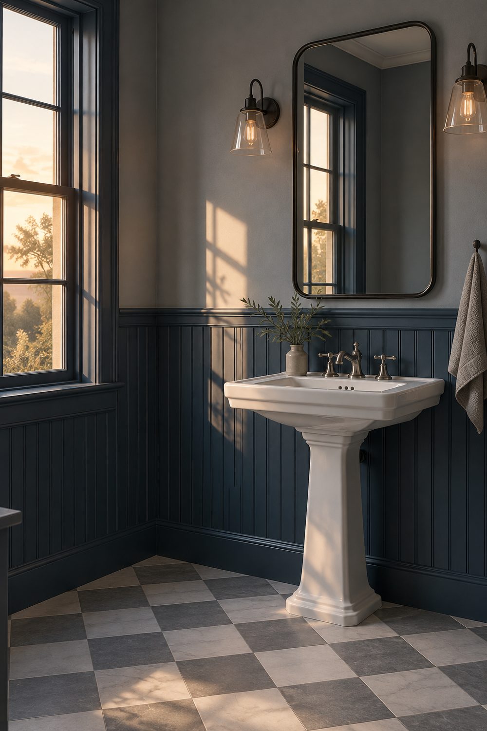 Farmhouse bathroom with navy beadboard wainscoting, grey walls above, a pedestal sink and checkered grey and white floor
