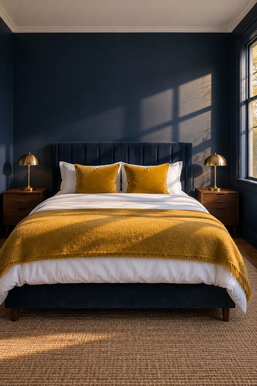 Bedroom with navy blue walls, navy upholstered bed, mustard yellow velvet pillows and throw, walnut nightstands, brass lamps