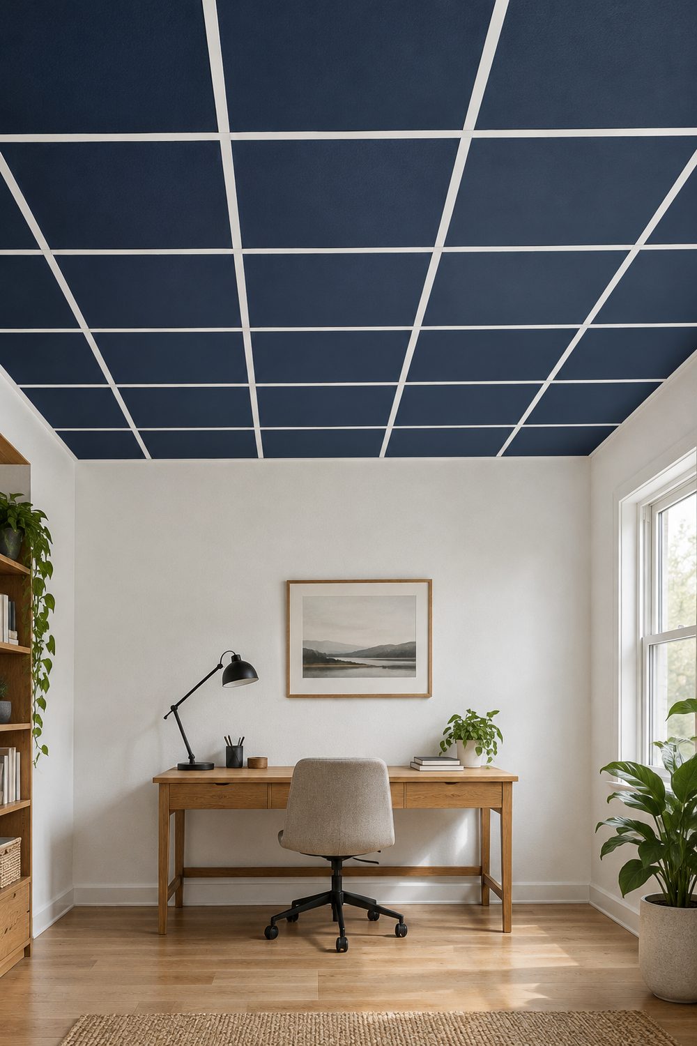 Home office with flat navy blue painted ceiling tiles framed by a crisp white grid, white walls, oak desk and black task lamp