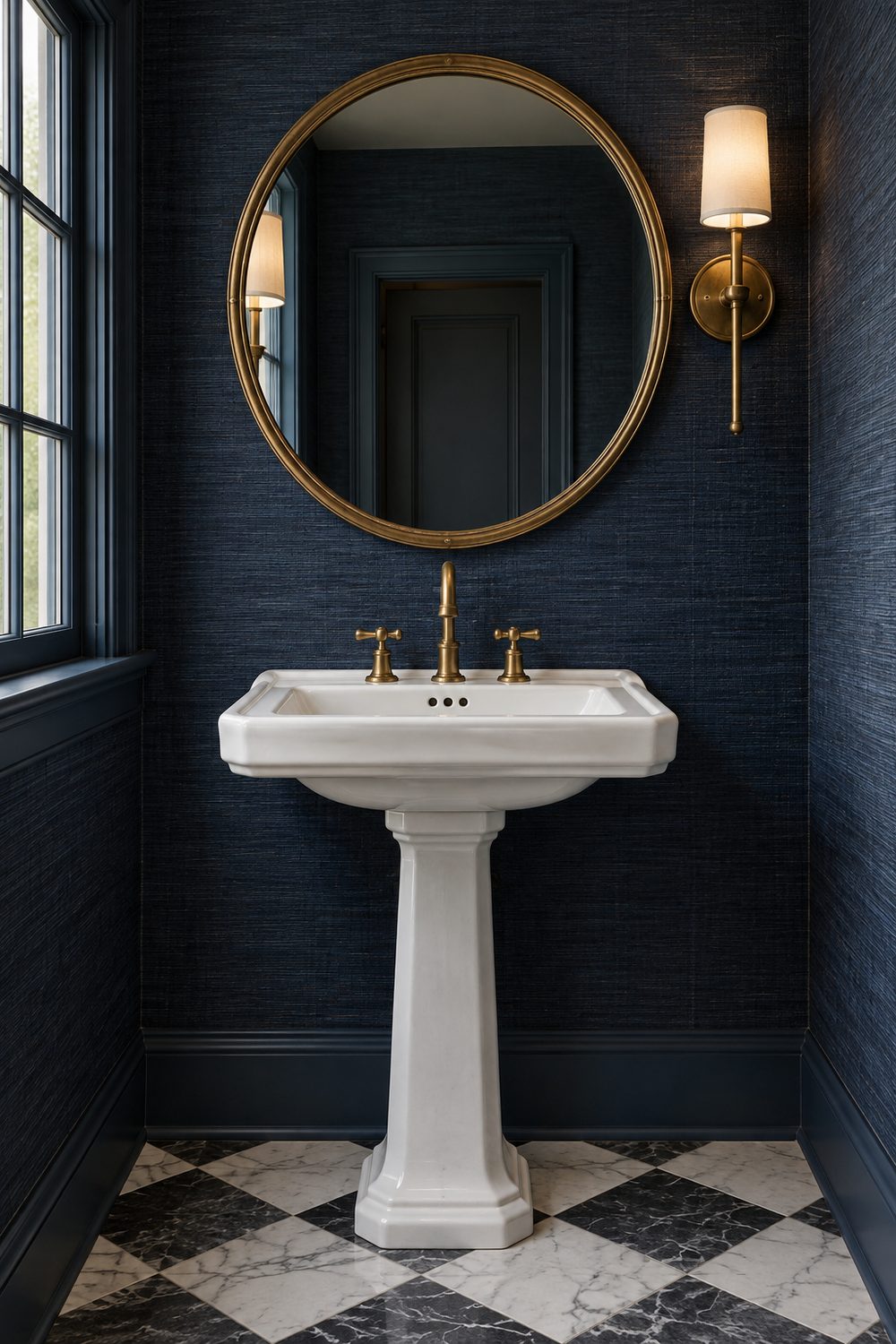 Navy grasscloth powder room with a white pedestal sink, brass faucet, round brass mirror and a brass sconce