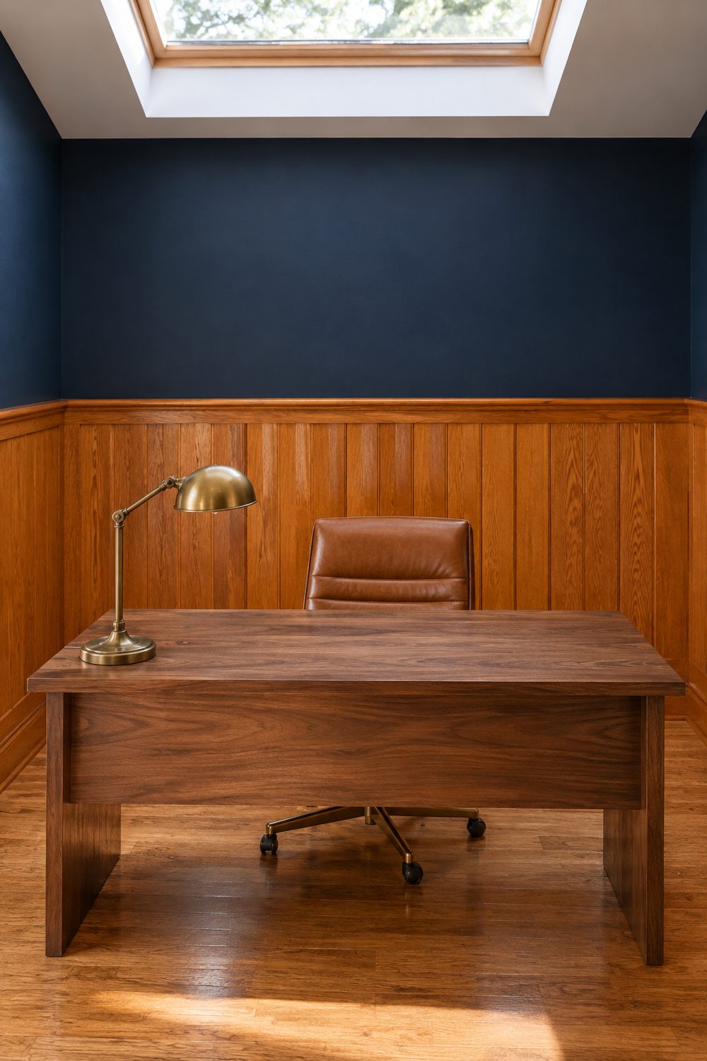 Home office with orange wood wainscot paneling below deep navy painted walls, walnut desk, brass lamp and cognac leather chair