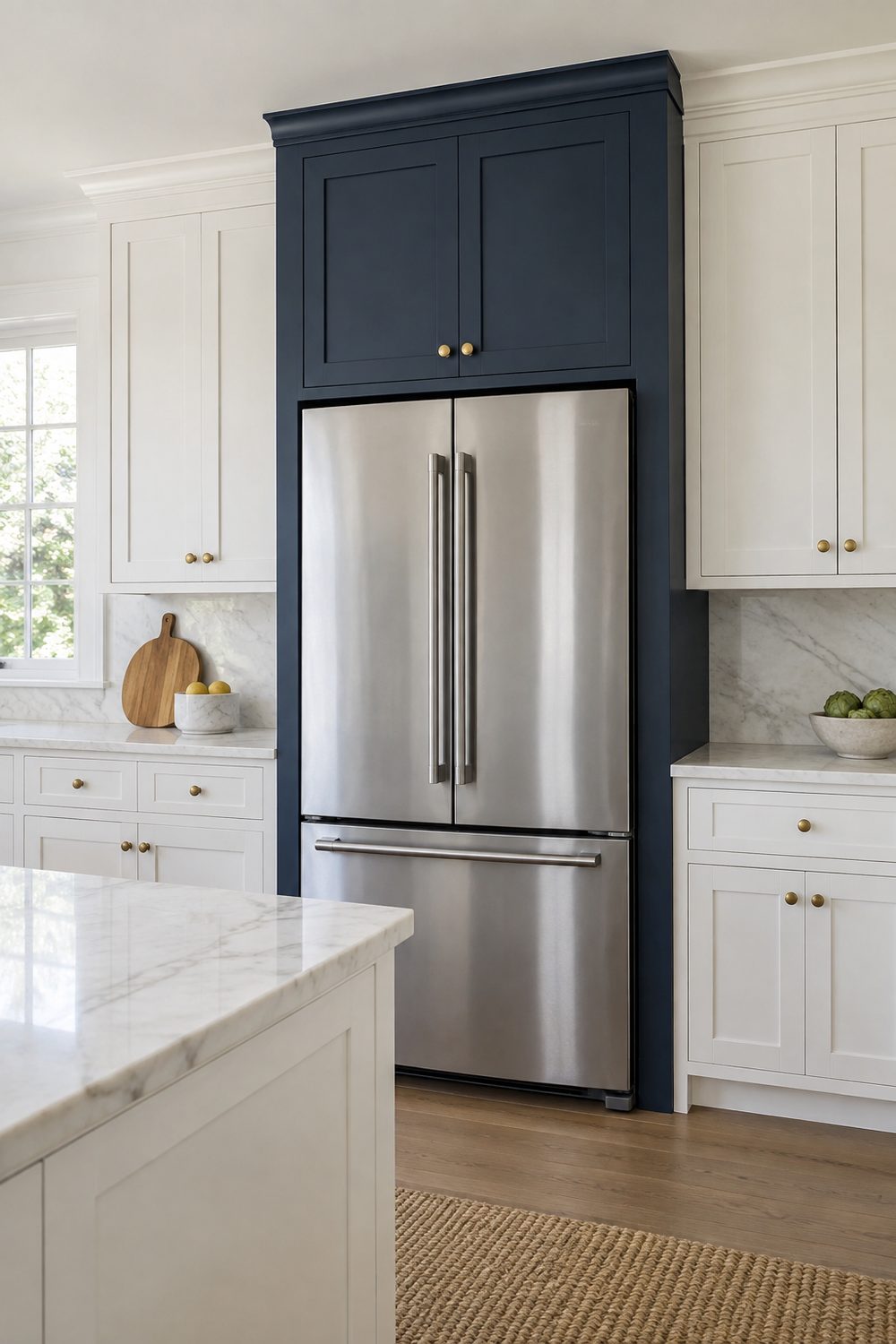 Deep navy cabinet and side panels around a stainless refrigerator in a white shaker kitchen with brass knobs