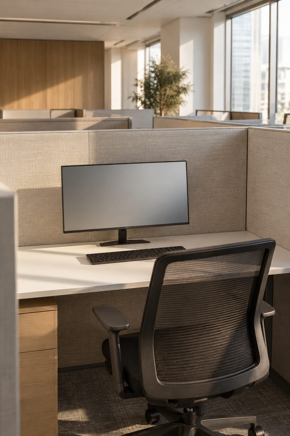 Office cubicle with partition walls covered in oatmeal linen fabric panels behind a white desk with a monitor and keyboard