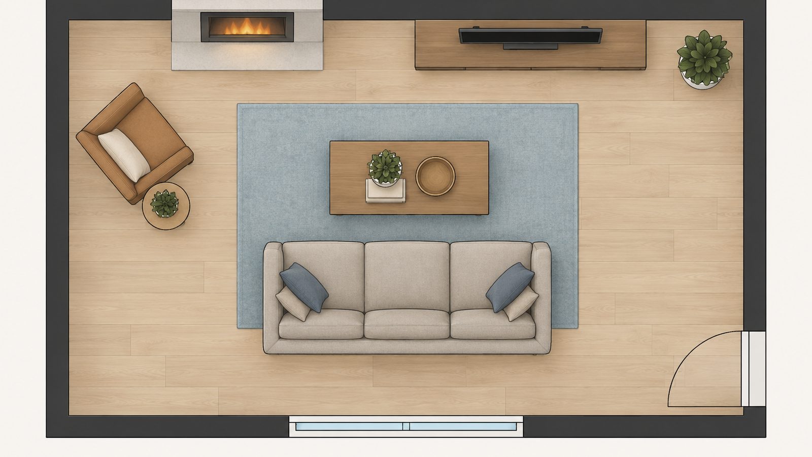 Top down floor plan of a living room with an off center fireplace and a TV on a low cabinet beside it on the same wall
