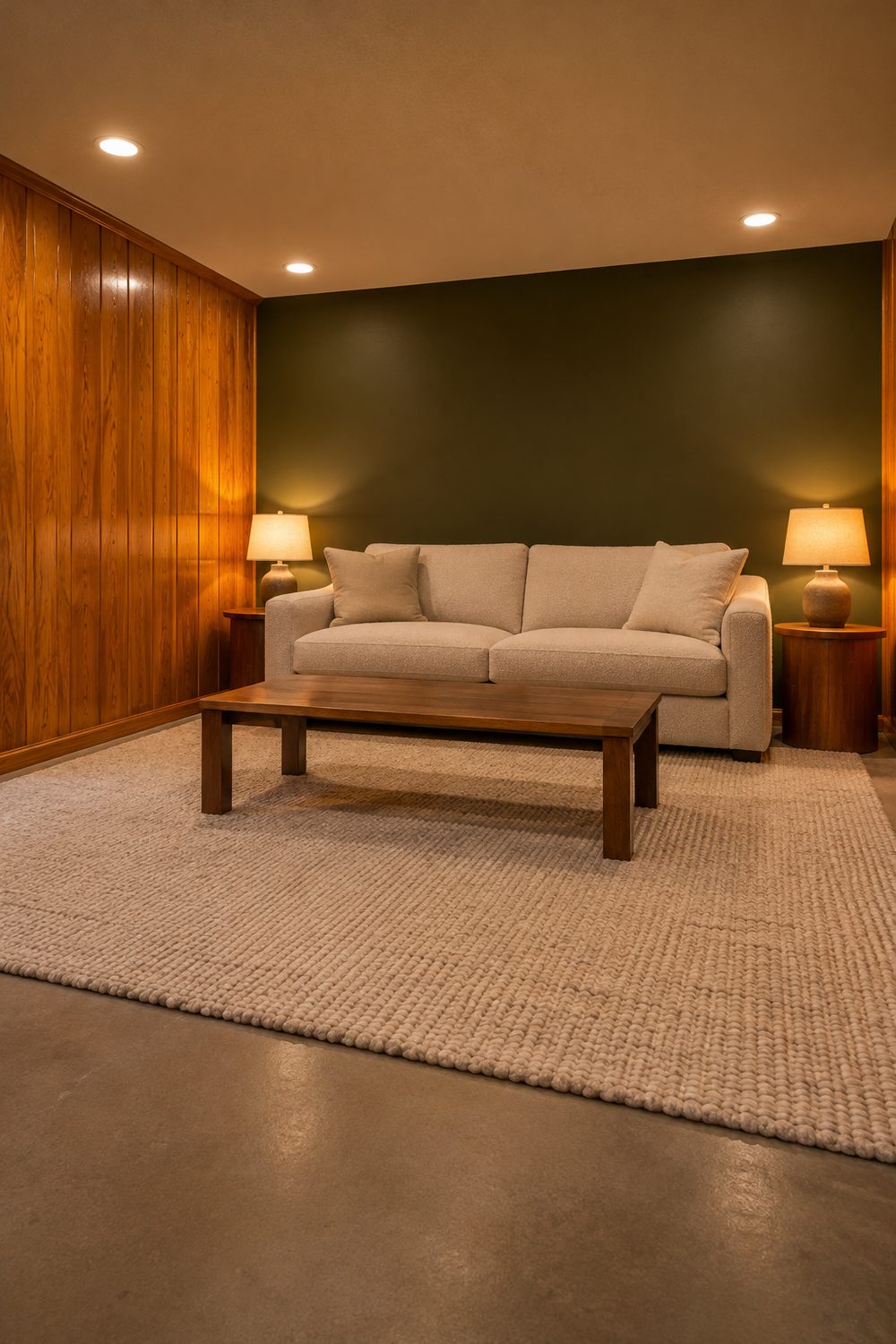 Basement den with orange wood plank paneling, a deep olive green painted wall, cream sofa, light wool rug and two glowing lamps