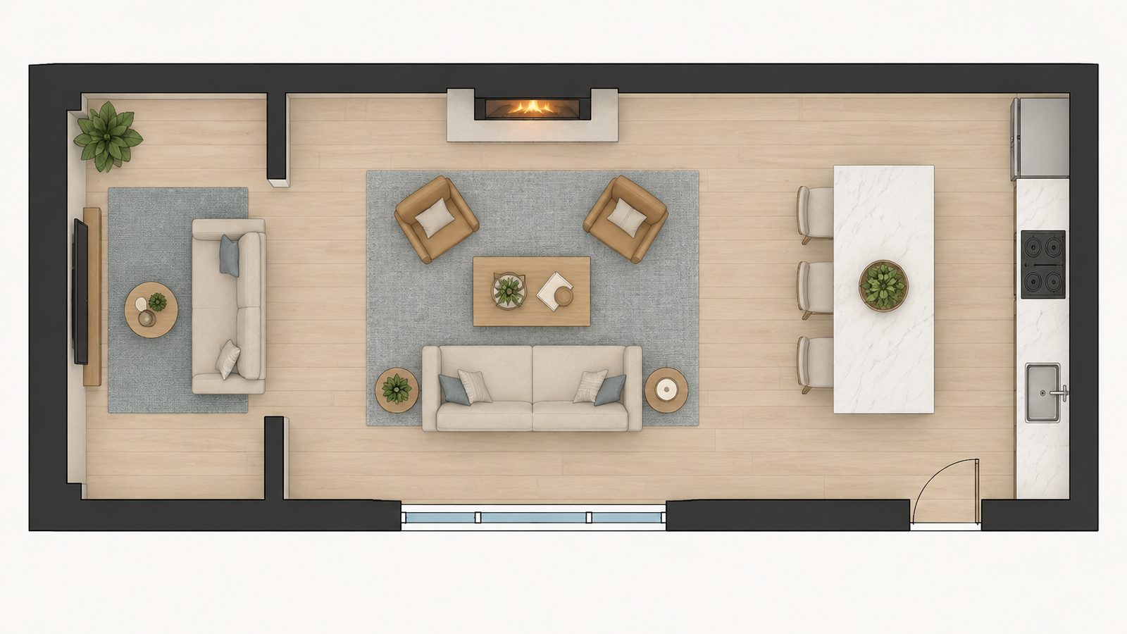 Top down floor plan of an open plan room with a fireplace seating zone and a separate TV nook behind a partial wall
