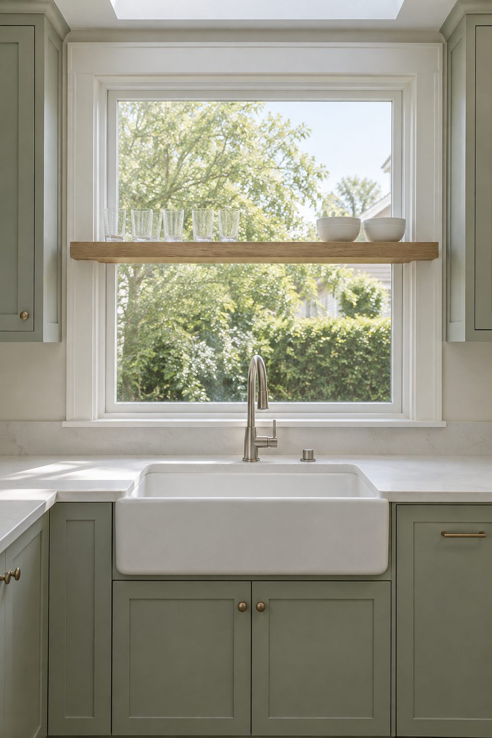 Floating white oak shelf across a kitchen window above the sink holding five clear glasses and two white bowls