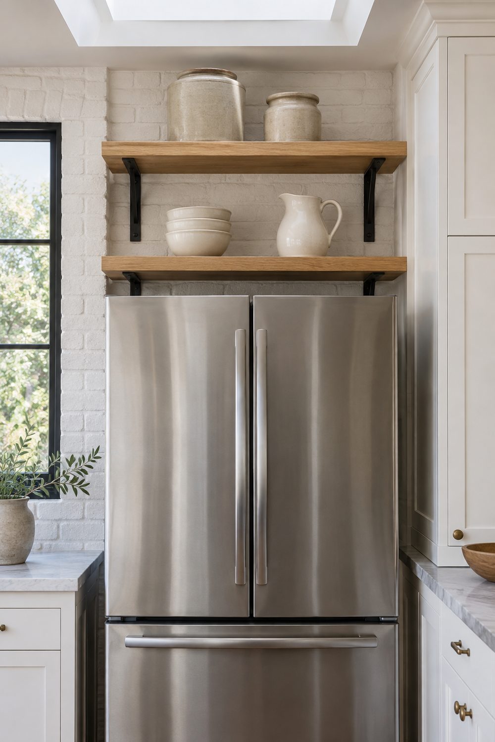 Two white oak open shelves with cream ceramic bowls and crocks above a stainless refrigerator in a modern farmhouse kitchen