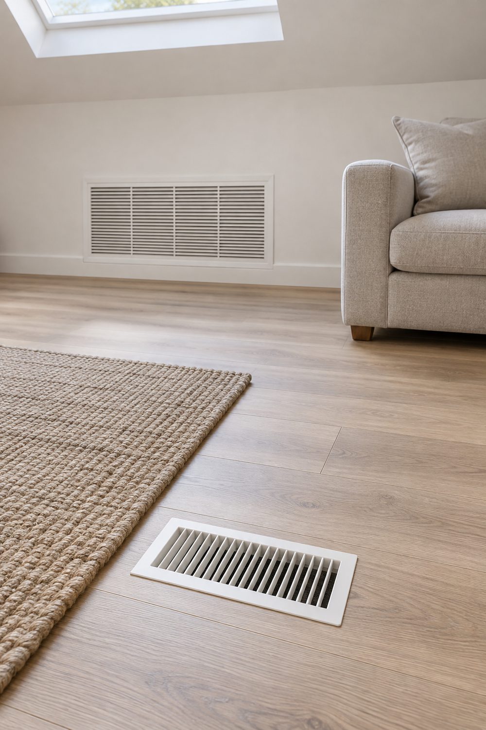 Living room with an open white floor supply register beside a jute rug and an unblocked wall return grille under a skylight