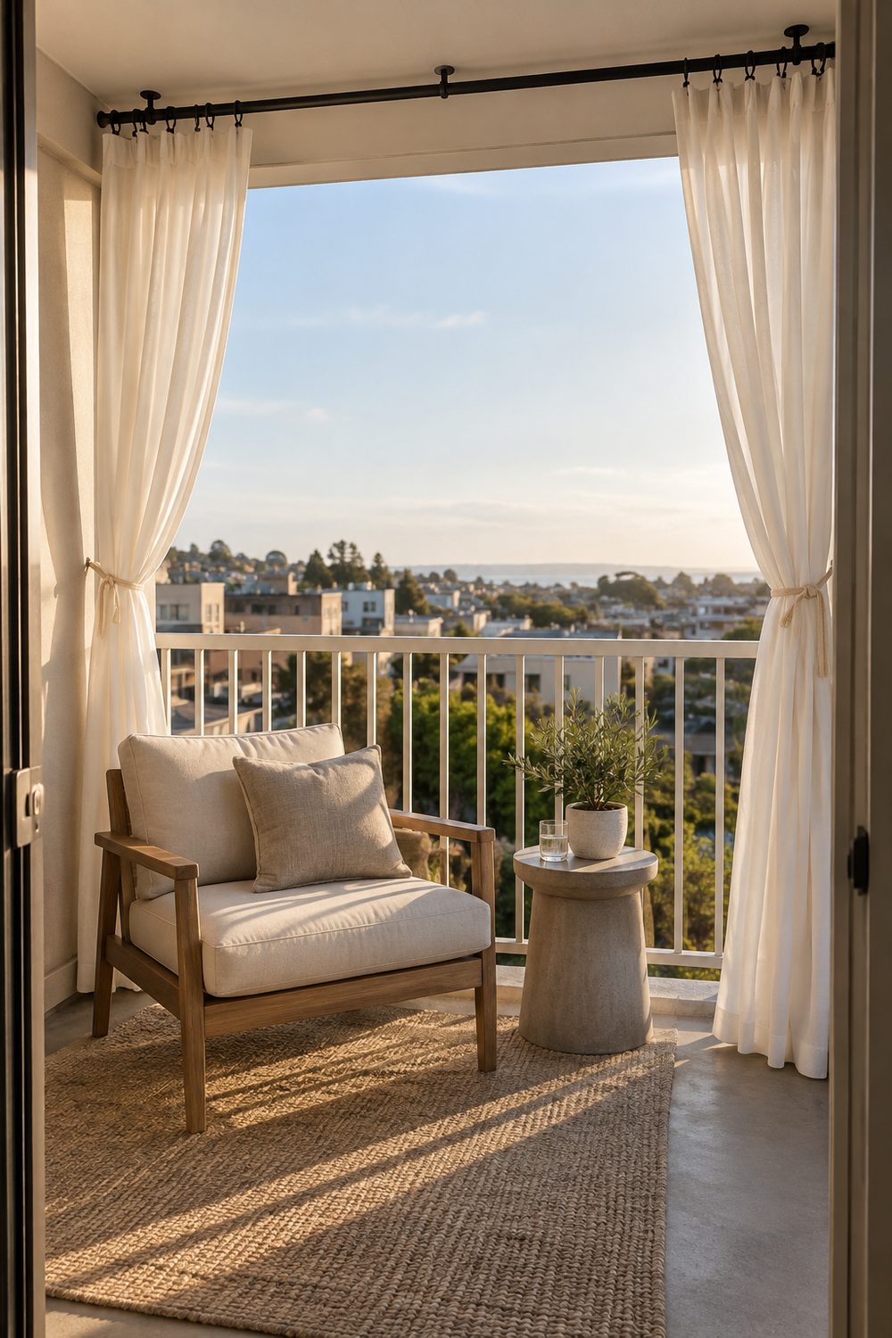 White outdoor curtains tied back on a black rod framing a small covered balcony with a cushioned lounge chair