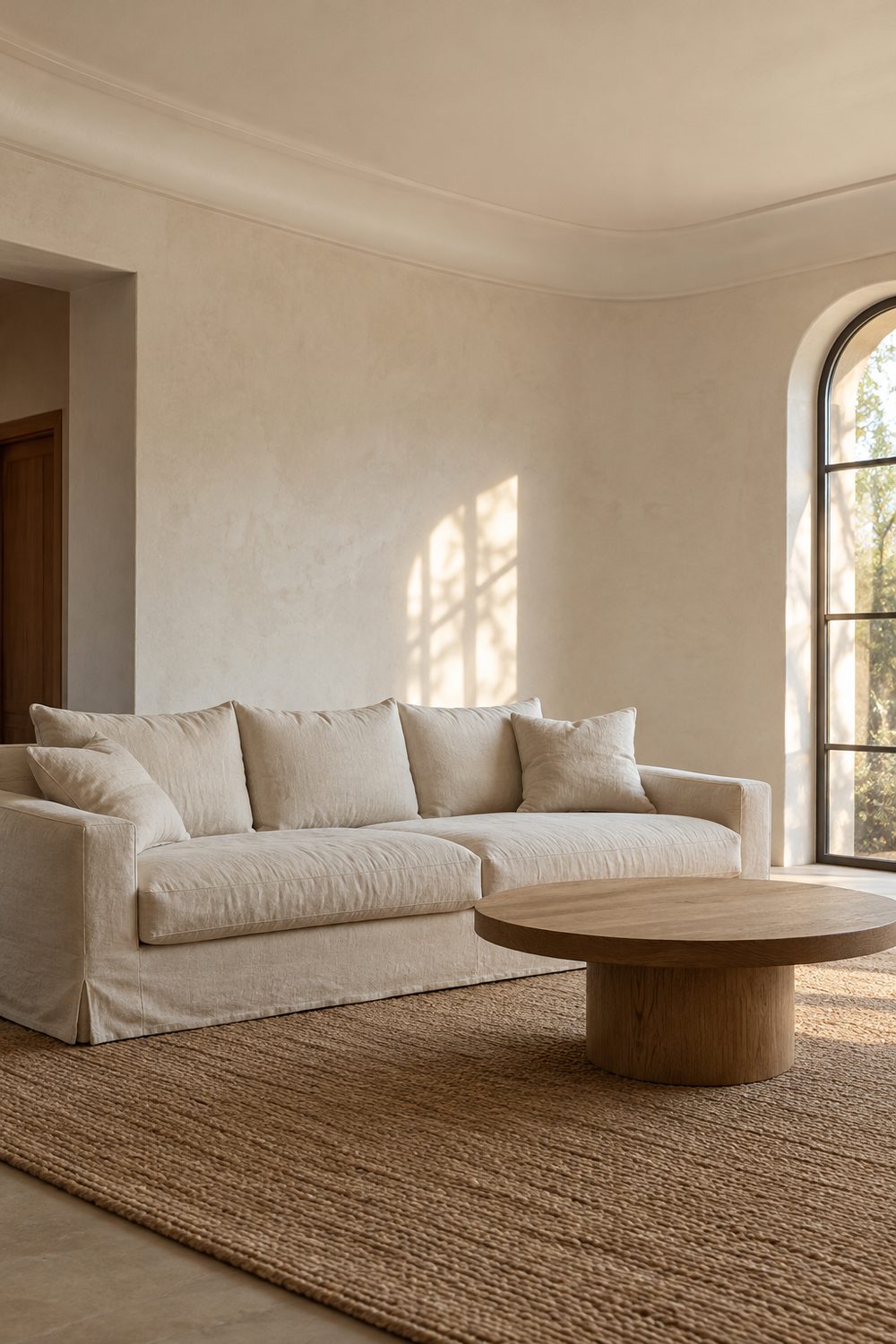 Transitional living room with a large smooth concave cove molding softening the wall and ceiling joint, linen sofa and jute rug