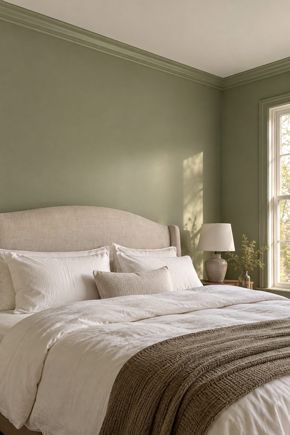 Sage green bedroom where the crown molding is painted the same green as the walls under a white ceiling, with a linen upholstered bed
