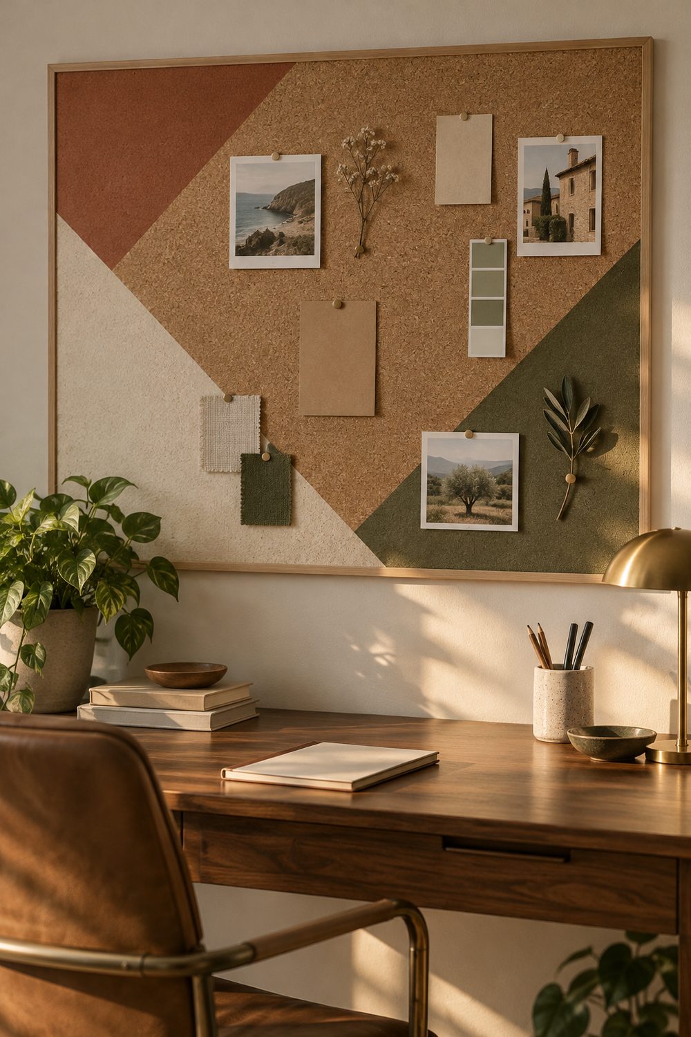Cork board painted with angled blocks of muted clay, cream and olive hanging above a walnut desk in a home office