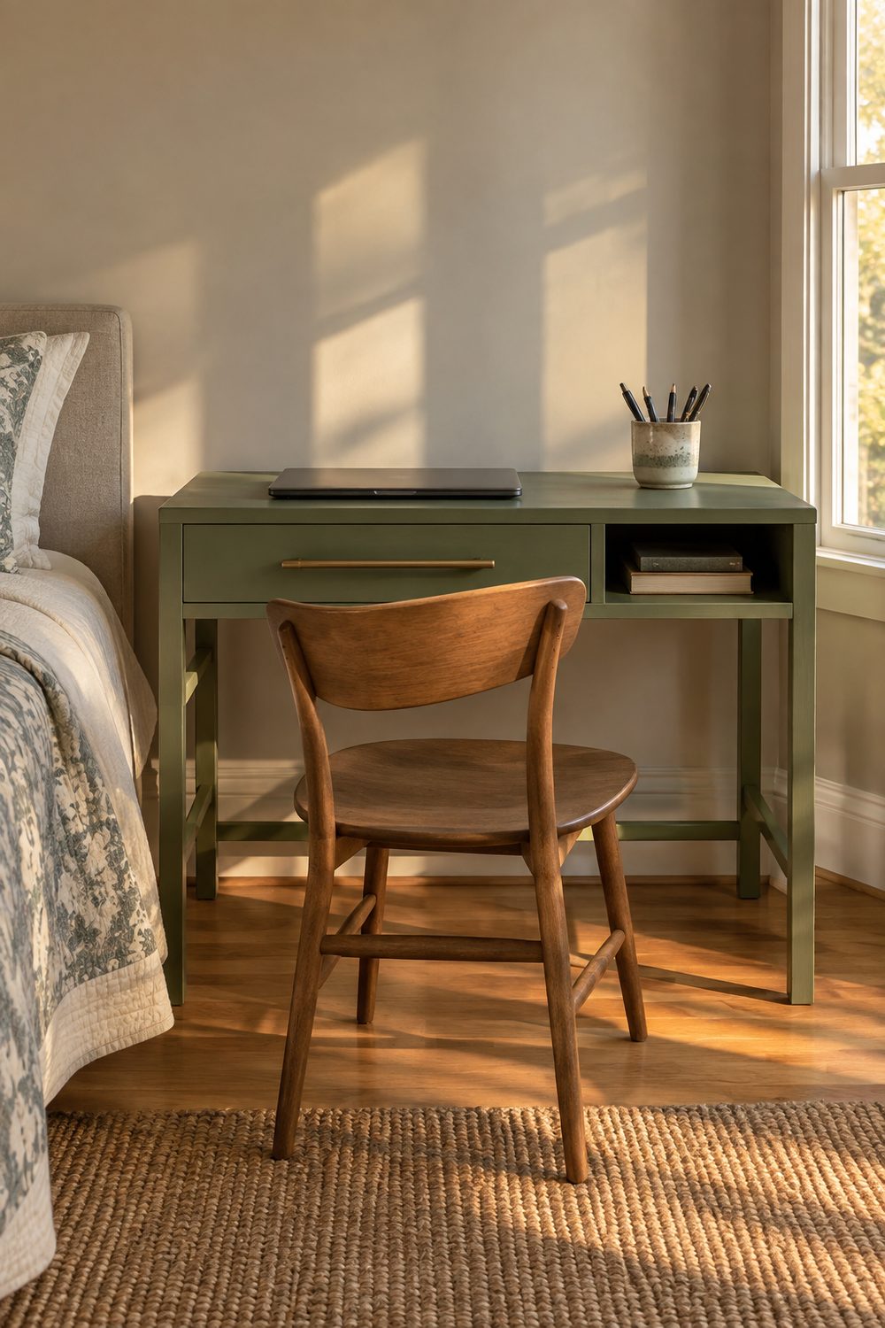 Compact desk painted olive green with long brass bar pulls in a teen bedroom, closed laptop and ceramic pen cup on top