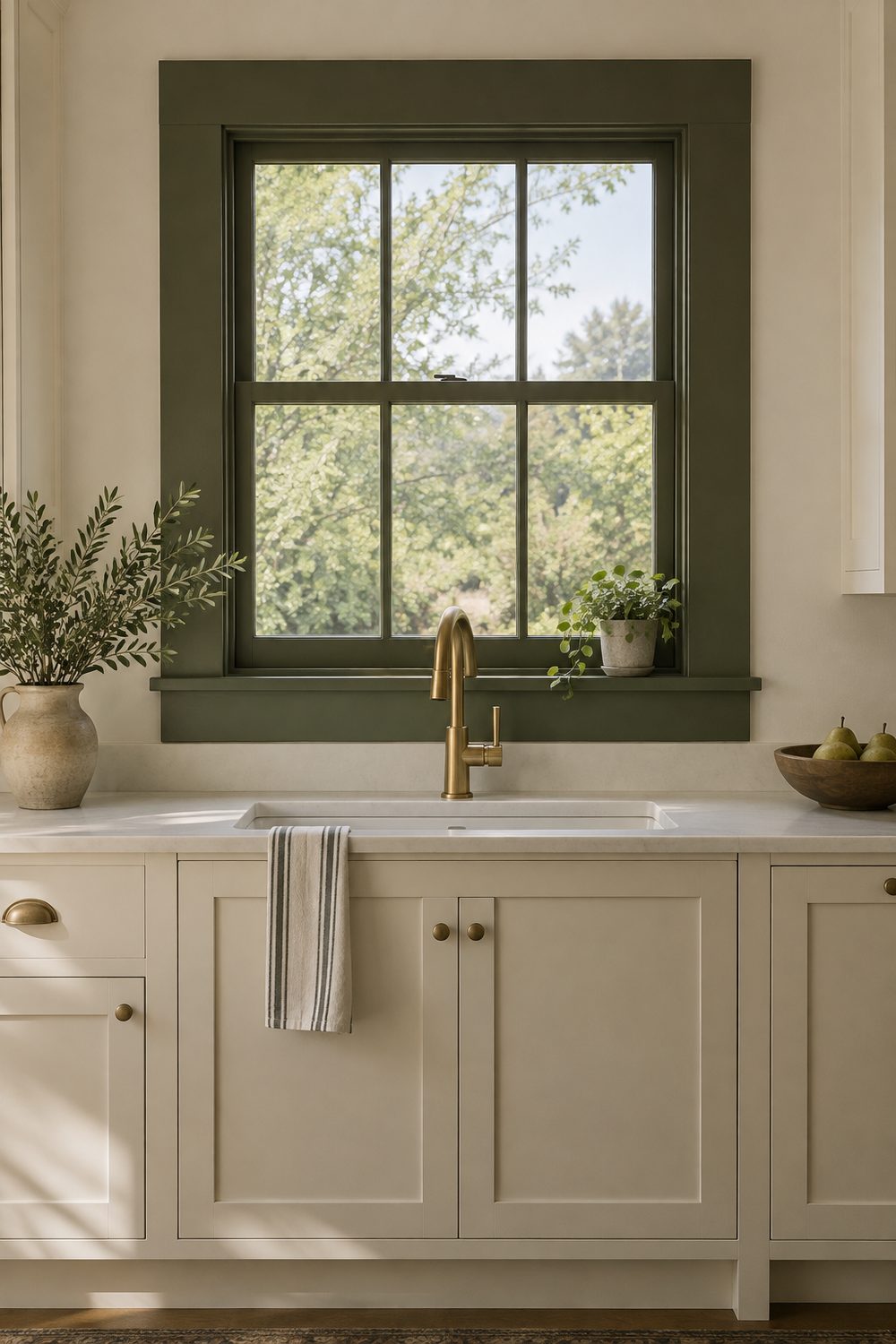 Kitchen window with wide casing painted deep olive green above a sink, cream cabinets, warm off white walls, brass faucet