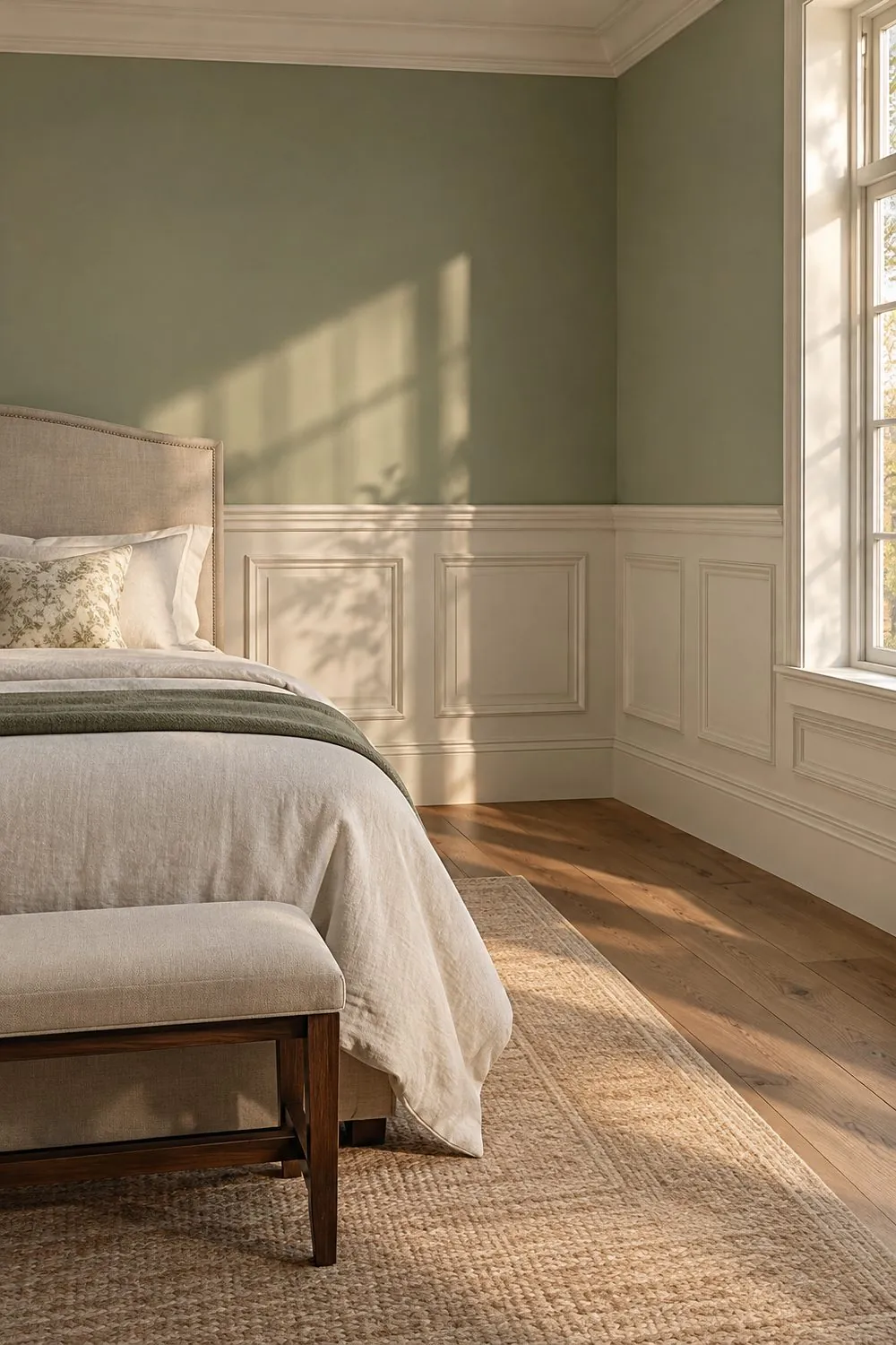 Traditional bedroom with white raised-panel wainscoting below a chair rail, sage green upper walls and an oatmeal linen upholstered bed