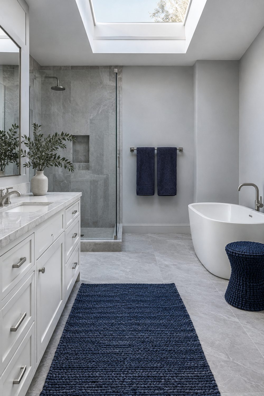 Bathroom with pale grey walls, a white tub and navy towels, a navy rug and a navy stool as accents