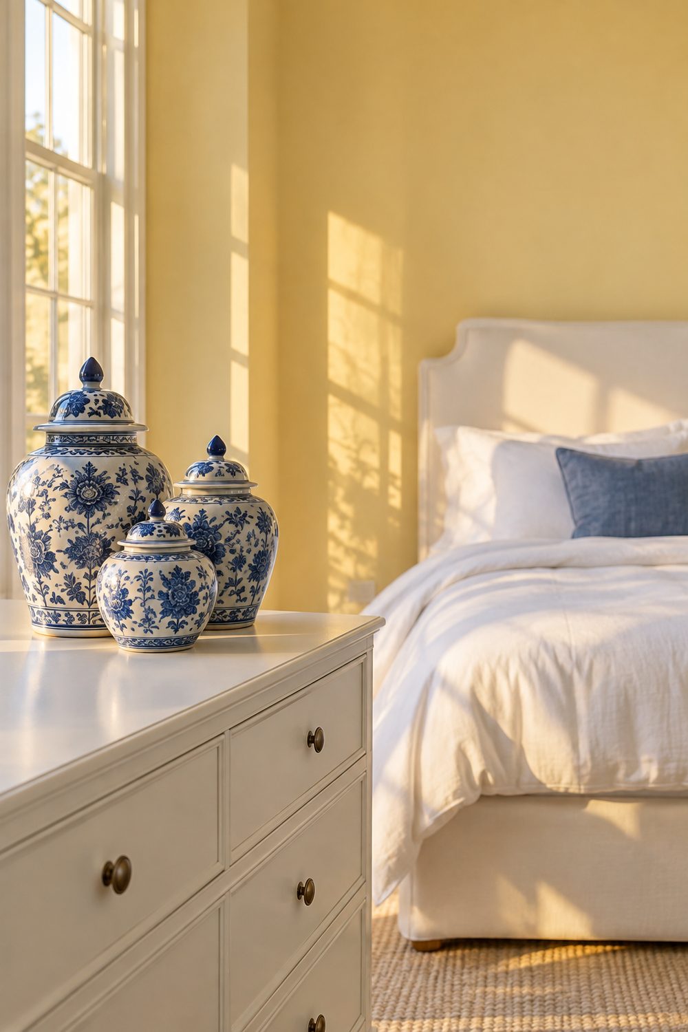Pale yellow bedroom with three blue and white ginger jars on a white dresser and a white upholstered bed behind