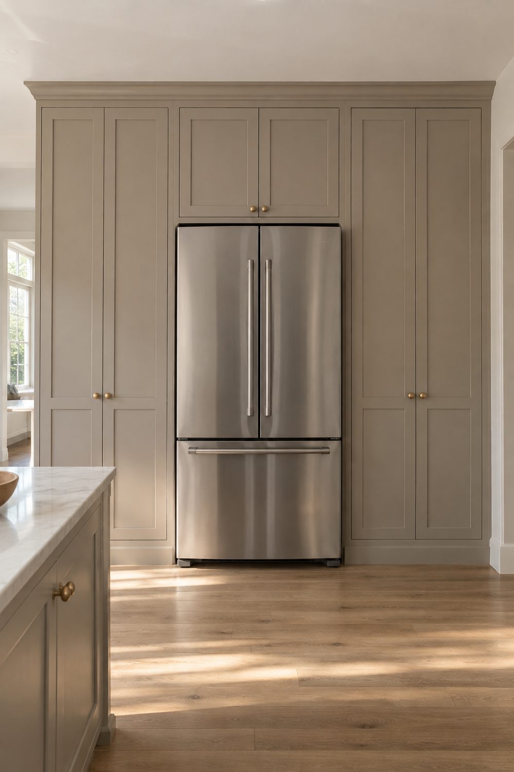 Warm greige pantry wall with tall cabinets on both sides and a bridge cabinet over a stainless refrigerator