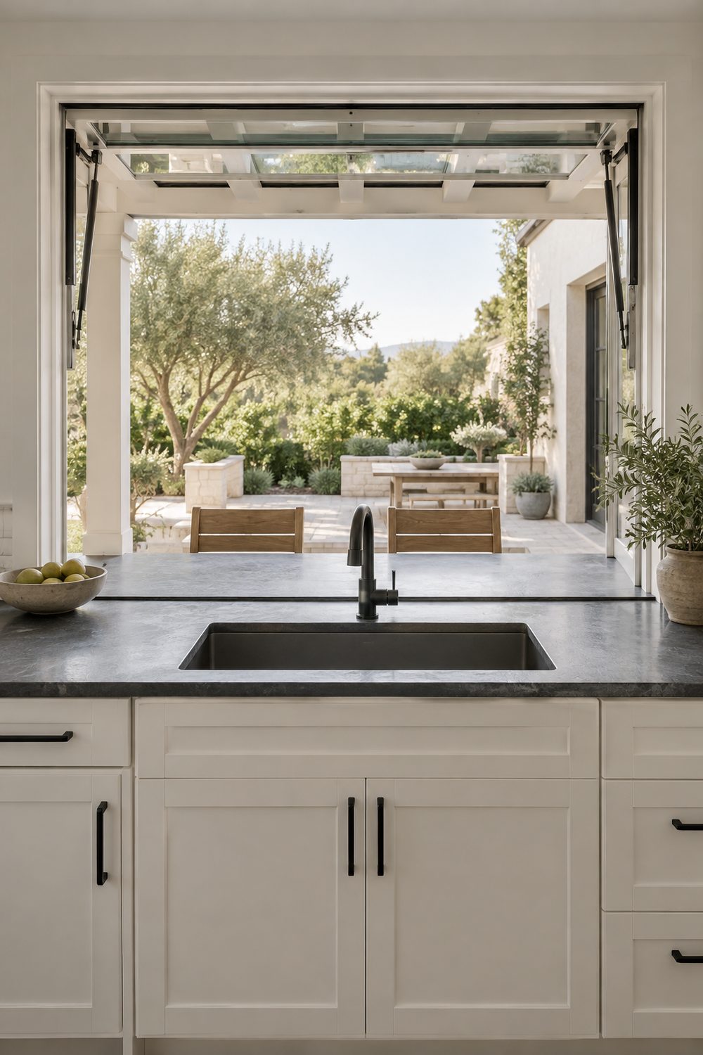 Open pass through kitchen window above a sink with the counter continuing to an outdoor patio bar ledge and two stools