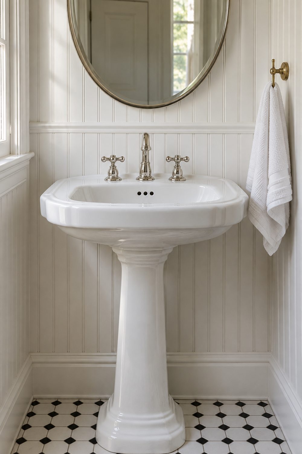 White pedestal sink with a polished nickel cross handle faucet below an oval nickel mirror on a white beadboard wall