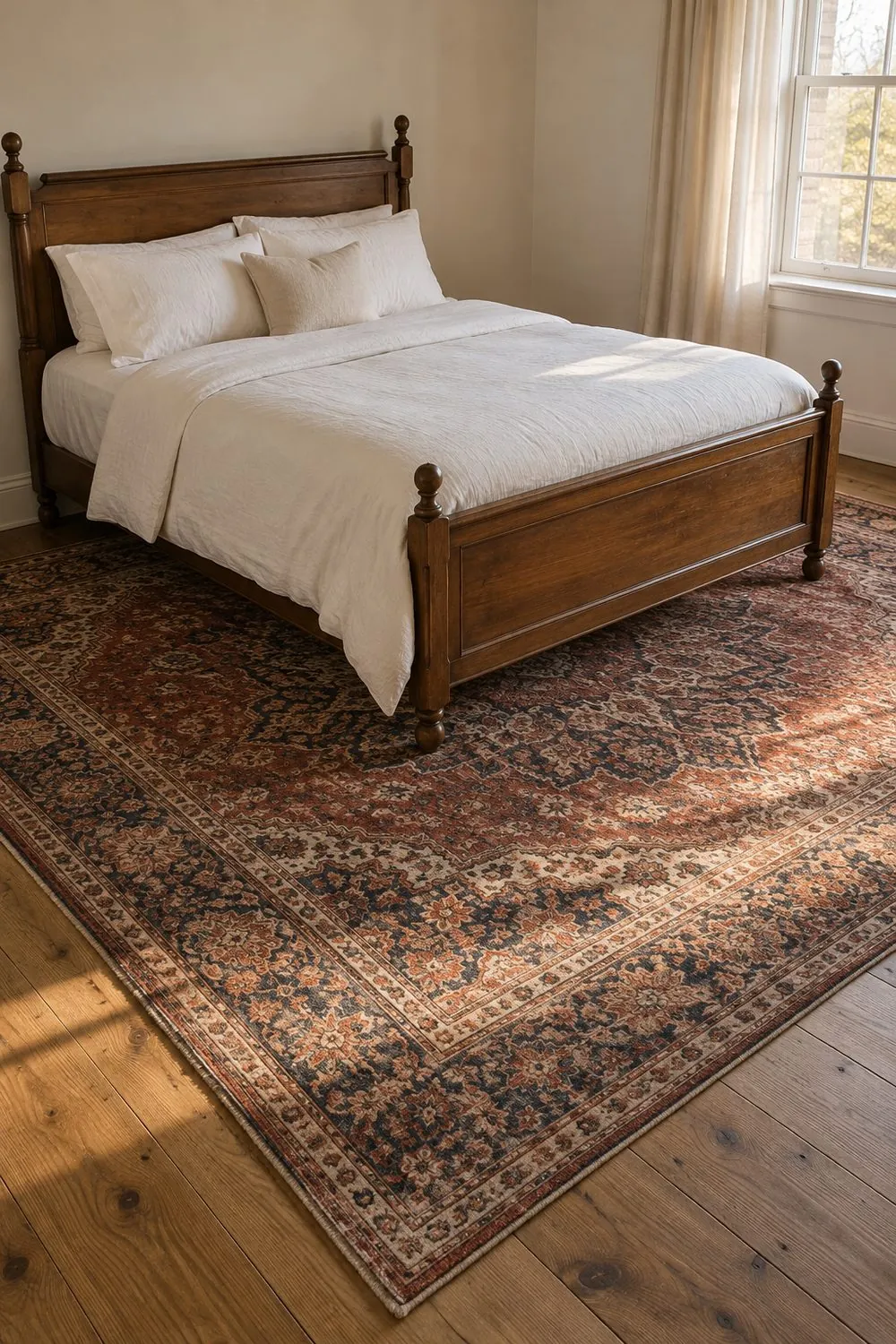 Large faded red and indigo vintage Persian rug under a wood bed with white bedding, extending past both sides on an oak floor