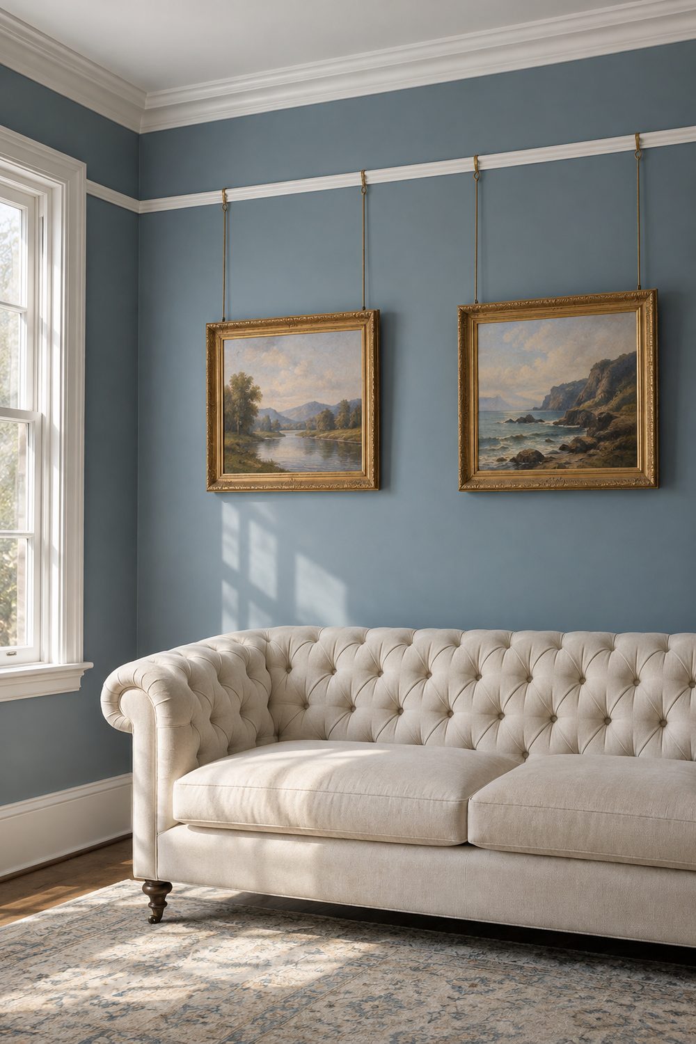 Dusty blue living room with white crown molding and a picture rail below it holding two framed paintings hung on brass cords
