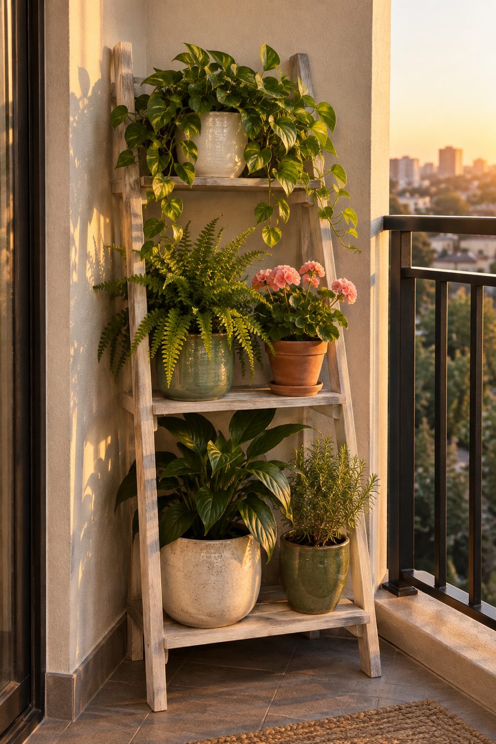 Whitewashed wooden ladder shelf holding potted ferns and trailing plants on three tiers in a balcony corner