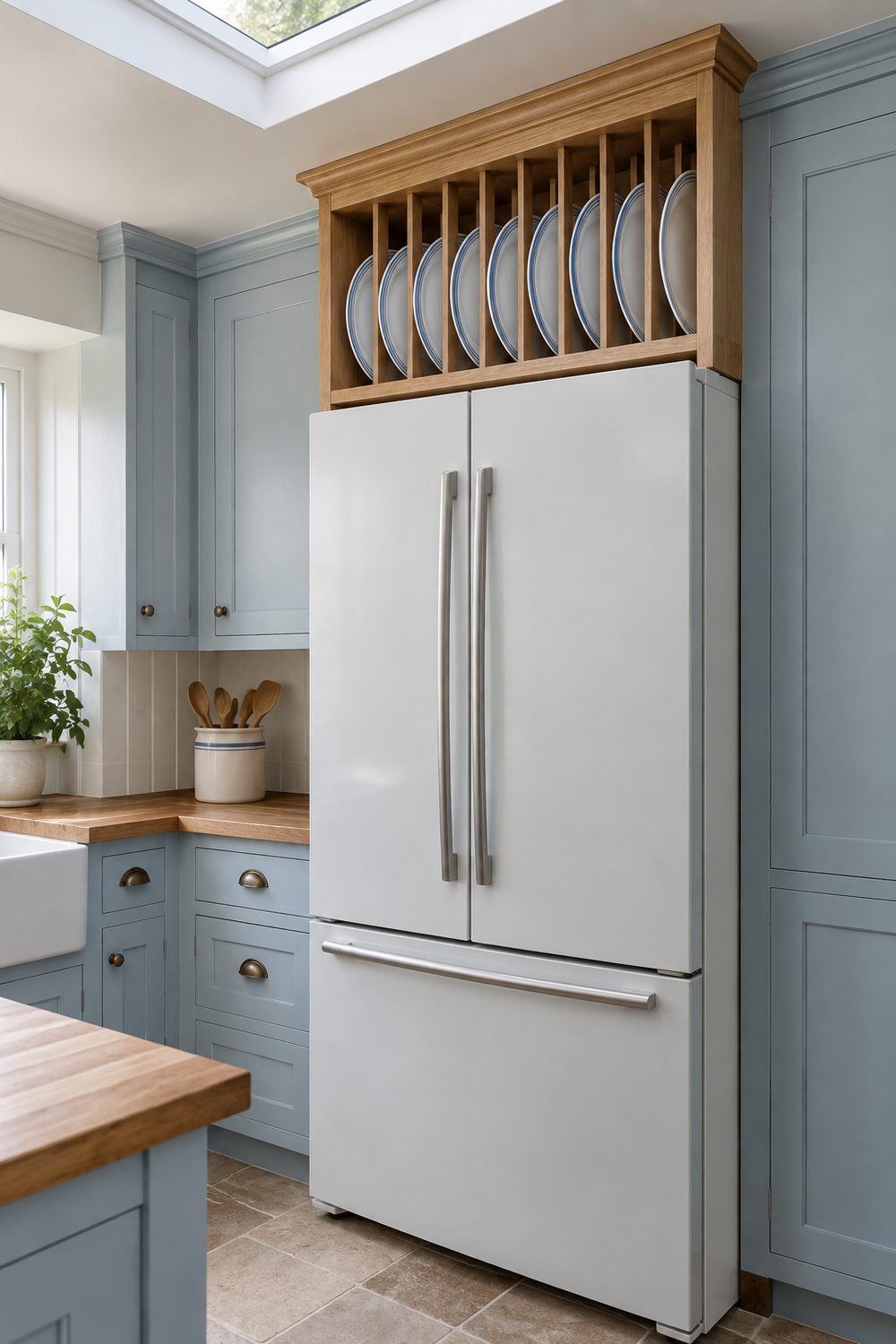Oak plate rack with white and blue rimmed plates above a white refrigerator in a powder blue cottage kitchen