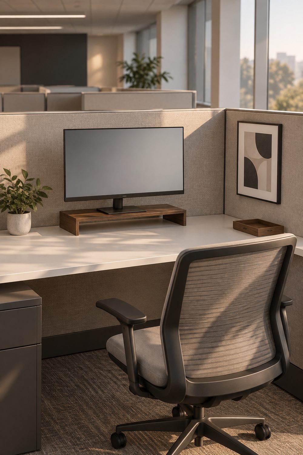 Greige fabric cubicle with a walnut monitor riser and small walnut tray on a white desk and one black framed print