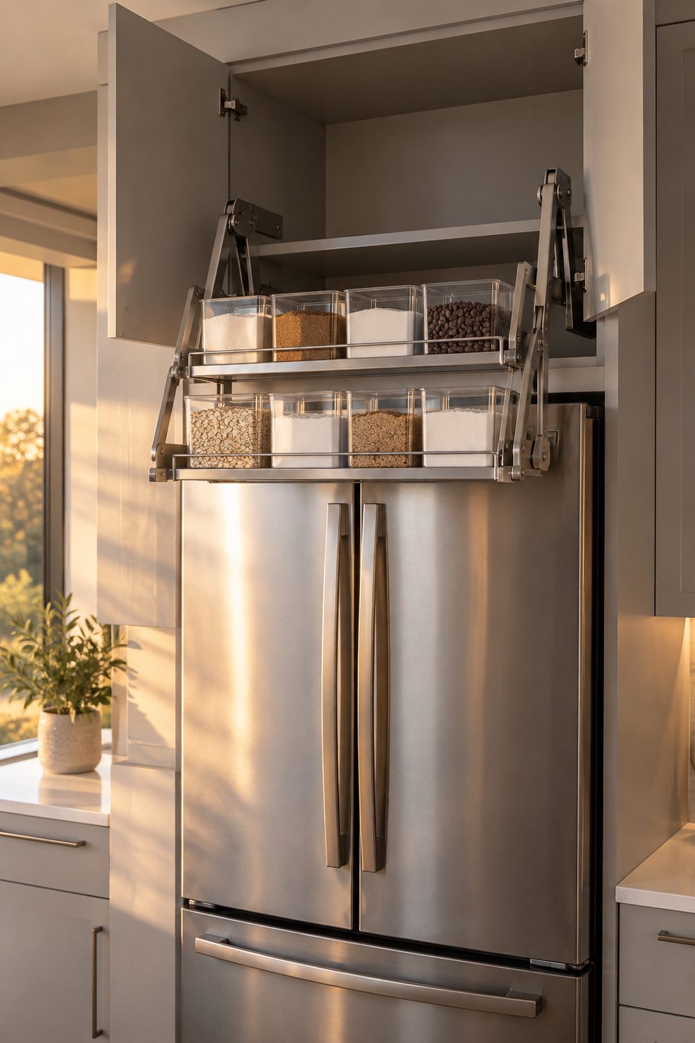 Pull down shelf lowered from the cabinet above a stainless refrigerator holding clear bins in a light gray modern kitchen