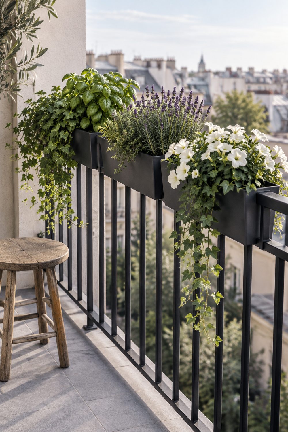 Three charcoal metal planter boxes filled with herbs and white flowers hanging over a black balcony railing