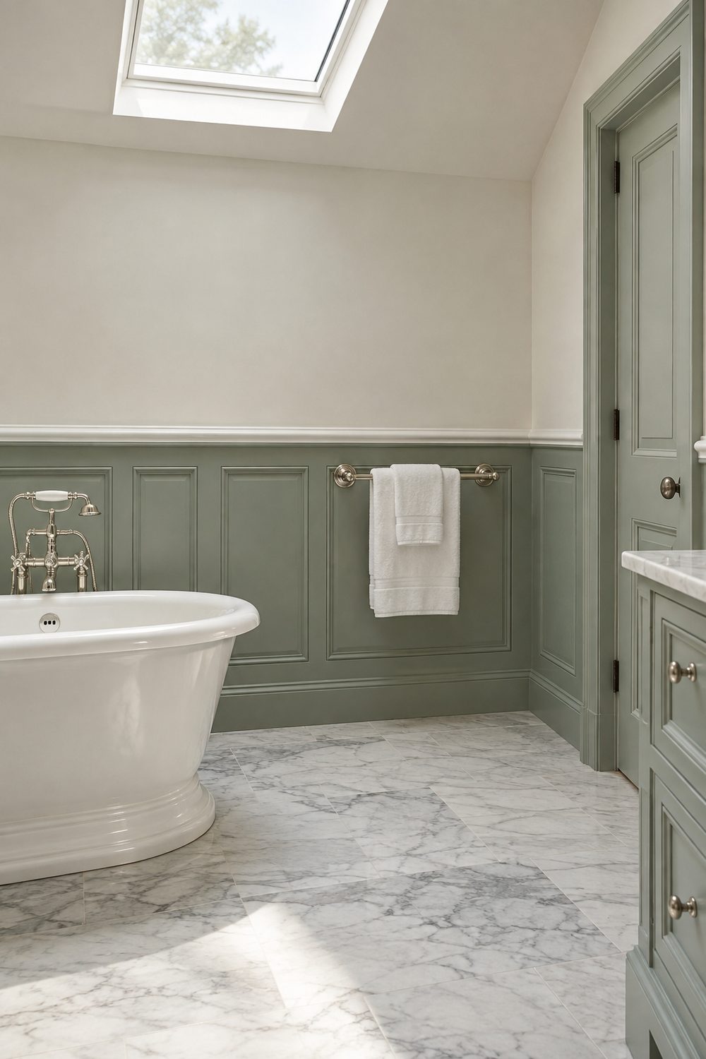 Bathroom with sage green raised panel wainscoting under a white chair rail, warm white walls and a marble floor