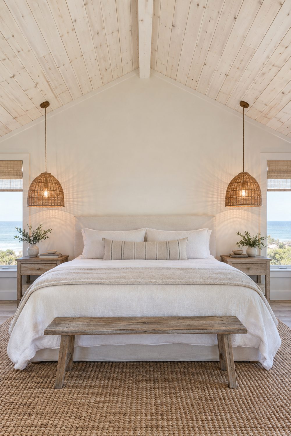 Two woven rattan dome pendants hanging over nightstands on each side of a white linen bed under a whitewashed plank vaulted ceiling