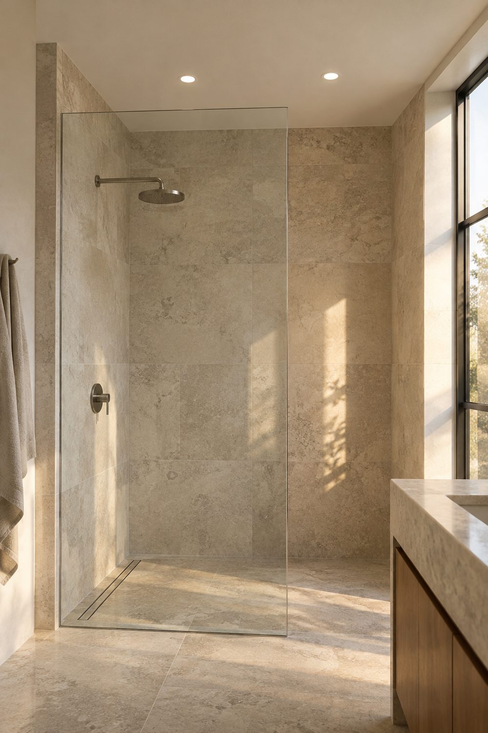 Walk in shower with limestone tile and frameless glass, two small recessed ceiling lights glowing in the white ceiling above